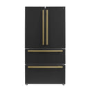 Front view of the Forno 36-inch French door refrigerator in black with antique brass handles, featuring double doors, a bottom freezer drawer, and a sleek, modern design.
