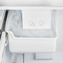 Close-up view of the built-in ice maker inside the Forno 36-inch French door refrigerator, showing the ice compartment and tray within the freezer section.