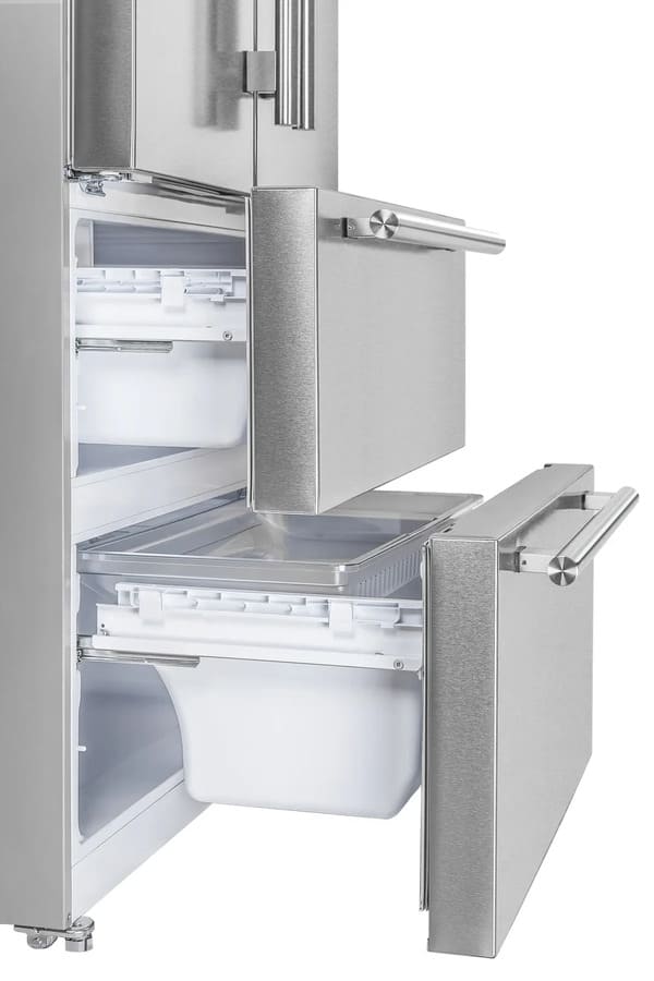 Interior view of the FORNO 36-inch French door refrigerator in stainless steel highlighting the spacious pull-out drawers, ideal for storing fruits, vegetables, and deli items.