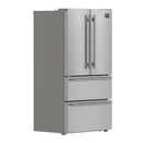 Angled front-left view of the FORNO 36-inch French door refrigerator in stainless steel, showcasing the sleek exterior, French doors, and bottom freezer design.