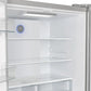 Close-up view of the interior shelves in the FORNO 36-inch French door refrigerator in stainless steel, featuring adjustable glass shelving for customizable food storage.