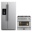 FORNO 2-piece appliance package featuring a 36-inch gas range and a 36-inch refrigerator with water dispenser, both in stainless steel, providing a stylish and coordinated kitchen setup.