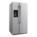 Front left-angled view of the FORNO 36-inch refrigerator with water dispenser in stainless steel, showcasing the French doors, smooth finish, and built-in dispenser.