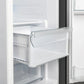 Close-up view of the crisper drawer inside the FORNO 36-inch side-by-side refrigerator, designed for optimal freshness with a clear front panel and smooth-slide mechanism.