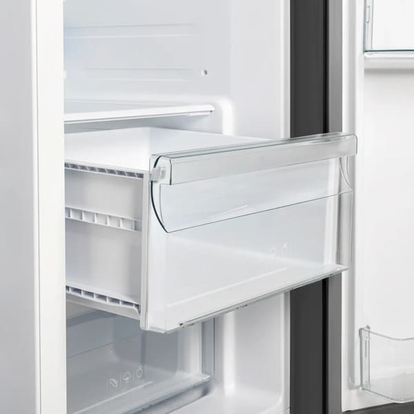 Close-up view of the crisper drawer inside the FORNO 36-inch side-by-side refrigerator, designed for optimal freshness with a clear front panel and smooth-slide mechanism.