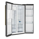 Left-angled front view of the FORNO 36-inch side-by-side refrigerator with both doors open, showcasing organized interior shelving, spacious compartments, and modern LED lighting.