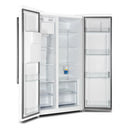 Left-angled front view of the Forno 36-inch side-by-side refrigerator in white with both doors open, showcasing the bright, spacious interior with adjustable shelving, clear bins, and multiple storage drawers for efficient organization.
