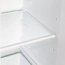 Close-up view of an interior shelf inside the Forno 36-inch side-by-side refrigerator in white, featuring a clear, adjustable glass surface designed for flexible and organized food storage.