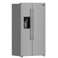 Angled front-left view of the Forno 36-inch side-by-side refrigerator with water dispenser, featuring a modern stainless steel finish, integrated external dispenser, and sleek vertical handles that enhance its contemporary kitchen appeal.