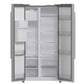 Alternate front view of the Forno 36-inch side-by-side refrigerator with water dispenser, both doors open to display a well-organized interior with spacious shelving, crisper drawers, and ample door storage for efficient food organization.
