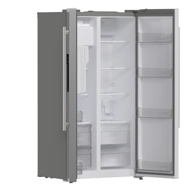 Left-angled front view of the Forno 36-inch side-by-side refrigerator with water dispenser and both doors open, showcasing a spacious, well-lit interior with adjustable shelving, clear bins, and organized freezer and refrigerator compartments.