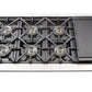 Top view of the cooktop on the FORNO 48-inch gas range from the 2-Piece Appliance Package, featuring 8 sealed burners with heavy-duty cast iron grates and a stainless steel surface—designed for powerful, even heat distribution and professional-level cooking performance.