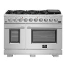 Front view of the FORNO 48-inch gas range from the 2-Piece Appliance Package, featuring 8 sealed burners, two spacious oven compartments with viewing windows, stainless steel control knobs, and a professional-style design ideal for high-performance home cooking.