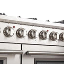 Close-up view of the control knobs on the FORNO 48-inch gas range from the 2-Piece Appliance Package, featuring large, pro-style stainless steel knobs with clearly marked burner and oven settings for precise temperature control and a commercial-grade appearance.