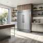 Lifestyle kitchen scene showcasing the FORNO 60‑inch built‑in pro‑style refrigerator from the 2‑Piece Appliance Package, seamlessly integrated into modern cabinetry with sleek stainless steel doors and vertical handles, flanked by upscale décor and abundant natural lighting for a premium, professional look.