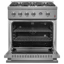 Front view of the FORNO 30-inch gas range with the oven door open, revealing the spacious oven interior, multiple rack positions, and durable stainless steel construction.