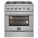 Front view of the FORNO 30-inch gas range, showcasing its stainless steel finish, five-burner cooktop, and large oven door with viewing window and professional-style control knobs.
