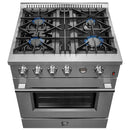 Top view of the FORNO 30-inch gas range, featuring five sealed burners with cast iron grates and a sleek stainless steel cooktop layout.