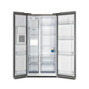 Front view of the FORNO 36-inch refrigerator with water dispenser in stainless steel with both French doors open, revealing a spacious interior with adjustable shelves and storage compartments.