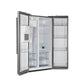 Front left-angled view of the FORNO 36-inch refrigerator with water dispenser in stainless steel with doors open, displaying the organized interior layout, shelves, and door bins.