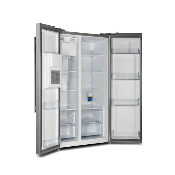 Front left-angled view of the FORNO 36-inch refrigerator with water dispenser in stainless steel with doors open, displaying the organized interior layout, shelves, and door bins.