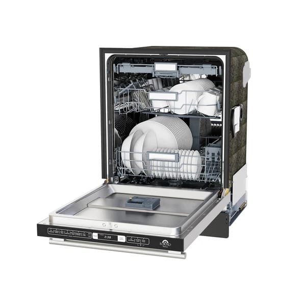 FORNO 24-inch built-in dishwasher with side-open door, revealing spacious stainless-steel interior and adjustable racks for efficient dish loading.