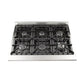 Top view of the FORNO 36-inch gas range cooktop showcasing six Italian burners, heavy-duty cast iron grates, and a sleek stainless steel surface—designed for high-performance cooking.