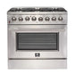 Front view of the FORNO 36-inch gas range, featuring stainless steel finish, control knobs, and oven window—part of the 3-piece appliance package.