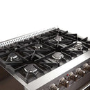 Left angle view of the FORNO 36-inch gas range cooktop featuring multiple Italian burners, continuous cast iron grates, and stainless steel finish—part of the 3-piece appliance package.