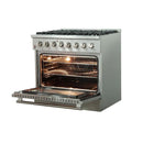 FORNO 36-inch gas range with oven door open, right-angle view showing spacious interior and stainless steel finish—part of the 3-piece kitchen appliance package.