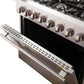 FORNO 3-Piece Appliance Package 36-inch gas range in stainless steel, featuring six burners, heavy-duty knobs, and a spacious oven with French doors.