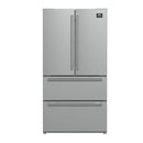Front view of the FORNO 36-inch French door refrigerator featuring double doors, two bottom freezer drawers, and a sleek stainless steel finish.