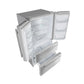 Left-angle view of the FORNO 36-inch French door refrigerator with both doors open, showing spacious interior storage, adjustable shelves, and dual crispers—part of the FORNO 3-piece stainless steel appliance package.
