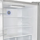 Close-up view of the interior shelves in the FORNO 36-inch French door refrigerator, showcasing adjustable glass shelves and ample storage space—part of the FORNO 3-piece stainless steel appliance package.