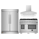 Front view of the FORNO 3-Piece Appliance Package featuring the 48-inch Capriasca gas range with 8 burners and dual ovens, a 60-inch pro-style stainless steel refrigerator, and a matching wall mount range hood—offering a cohesive, professional-grade kitchen setup.