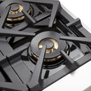 Close-up view of a sealed burner on the FORNO 48-inch Capriasca gas range from the 3-Piece Appliance Package, featuring a heavy-duty cast iron grate, precision flame ring, and stainless steel cooktop surface—designed for powerful, even heat distribution and high-performance cooking.