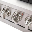 Detailed close-up of the control knobs on the FORNO 48-inch Capriasca gas range from the 3-Piece Appliance Package, highlighting the metallic finish, knurled grip, and engraved burner and oven indicators for precise, professional-style operation.