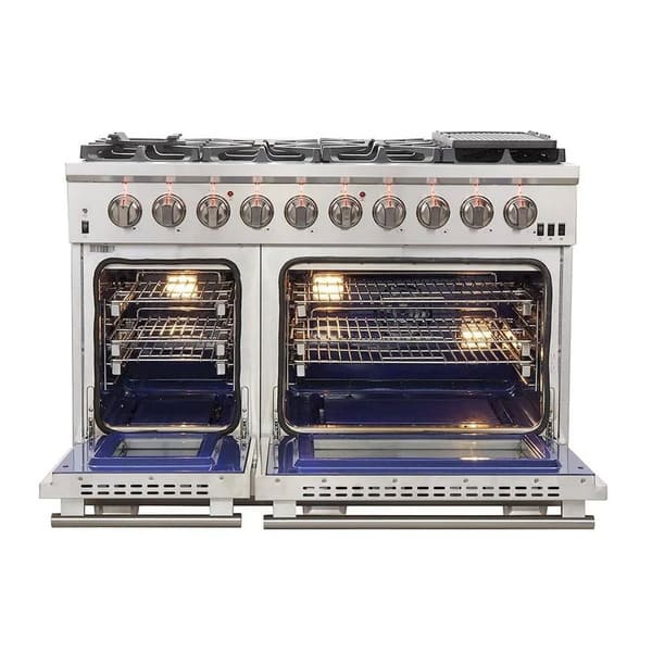 Front view of the FORNO 48-inch Capriasca gas range from the 3-Piece Appliance Package with both oven doors open, revealing spacious stainless steel interiors, multiple rack positions, and convection fan systems—engineered for high-capacity, professional-style cooking.