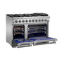 Left angled view of the FORNO 48-inch Capriasca gas range from the 3-Piece Appliance Package with both oven doors open, showcasing dual stainless steel oven interiors, convection fans, and multiple adjustable racks—designed for versatile, high-performance cooking in a professional kitchen setup.