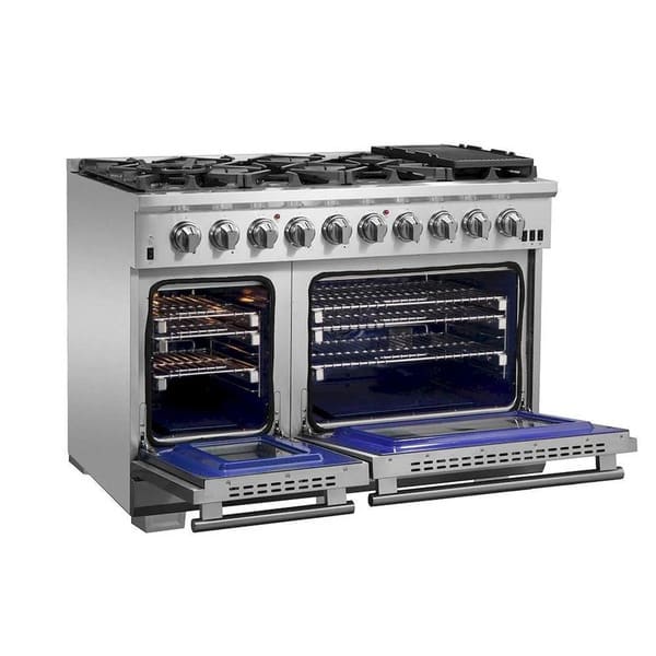 Left angled view of the FORNO 48-inch Capriasca gas range from the 3-Piece Appliance Package with both oven doors open, showcasing dual stainless steel oven interiors, convection fans, and multiple adjustable racks—designed for versatile, high-performance cooking in a professional kitchen setup.