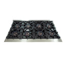 Top view of the cooktop on the FORNO 48-Inch Gas Range from the 3-Piece Appliance Package, featuring 8 high-performance burners with continuous cast iron grates and stainless steel surface for powerful, versatile cooking.