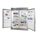 Front view of the FORNO pro-style refrigerator and freezer from the 3-Piece Appliance Package with both doors open, revealing spacious stainless steel interiors with adjustable shelves, crispers, and ample freezer storage—designed for high-capacity, professional-grade kitchen performance.