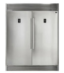Front view of the FORNO pro-style refrigerator and freezer units from the 3-Piece Appliance Package, displayed side by side with matching stainless steel finishes, vertical pro-style handles, and a bold, commercial-inspired aesthetic for high-capacity food storage.