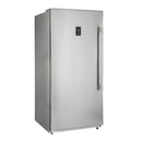 Front view of the FORNO pro-style refrigerator and freezer from the 3-Piece Appliance Package, configured with left-side hinges, showcasing stainless steel finishes, vertical handles, and a symmetrical, commercial-style design ideal for built-in kitchen installations.