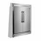 Front left angled view of the FORNO pro-style refrigerator from the 3-Piece Appliance Package, showcasing its side-by-side stainless steel doors, sleek vertical handles, and robust, built-in design suited for contemporary, high-capacity kitchen storage.