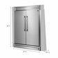 Front right angled view of the FORNO pro-style refrigerator from the 3-Piece Appliance Package, featuring side-by-side stainless steel doors, pro-style vertical handles, and a clean, professional design ideal for modern built-in kitchen installations.