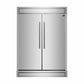 Front view of the FORNO pro-style refrigerator from the 3-Piece Appliance Package, featuring a sleek stainless steel exterior with vertical professional handles, side-by-side doors, and a bold, commercial-grade design ideal for modern kitchens.