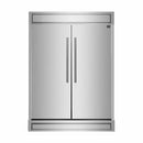 Front view of the FORNO pro-style refrigerator from the 3-Piece Appliance Package, featuring a sleek stainless steel exterior with vertical professional handles, side-by-side doors, and a bold, commercial-grade design ideal for modern kitchens.