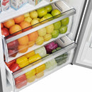 Detailed view of a lower interior drawer in the FORNO pro-style refrigerator from the 3-Piece Appliance Package, featuring a transparent design with ergonomic pull handle and smooth sliding mechanism for efficient food storage and accessibility.