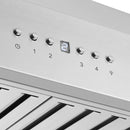 Close-up view of the control panel on the FORNO wall mount range hood from the 3-Piece Appliance Package, featuring clearly labeled push-button controls for fan speed, lighting, and power—designed for intuitive operation and efficient kitchen ventilation.